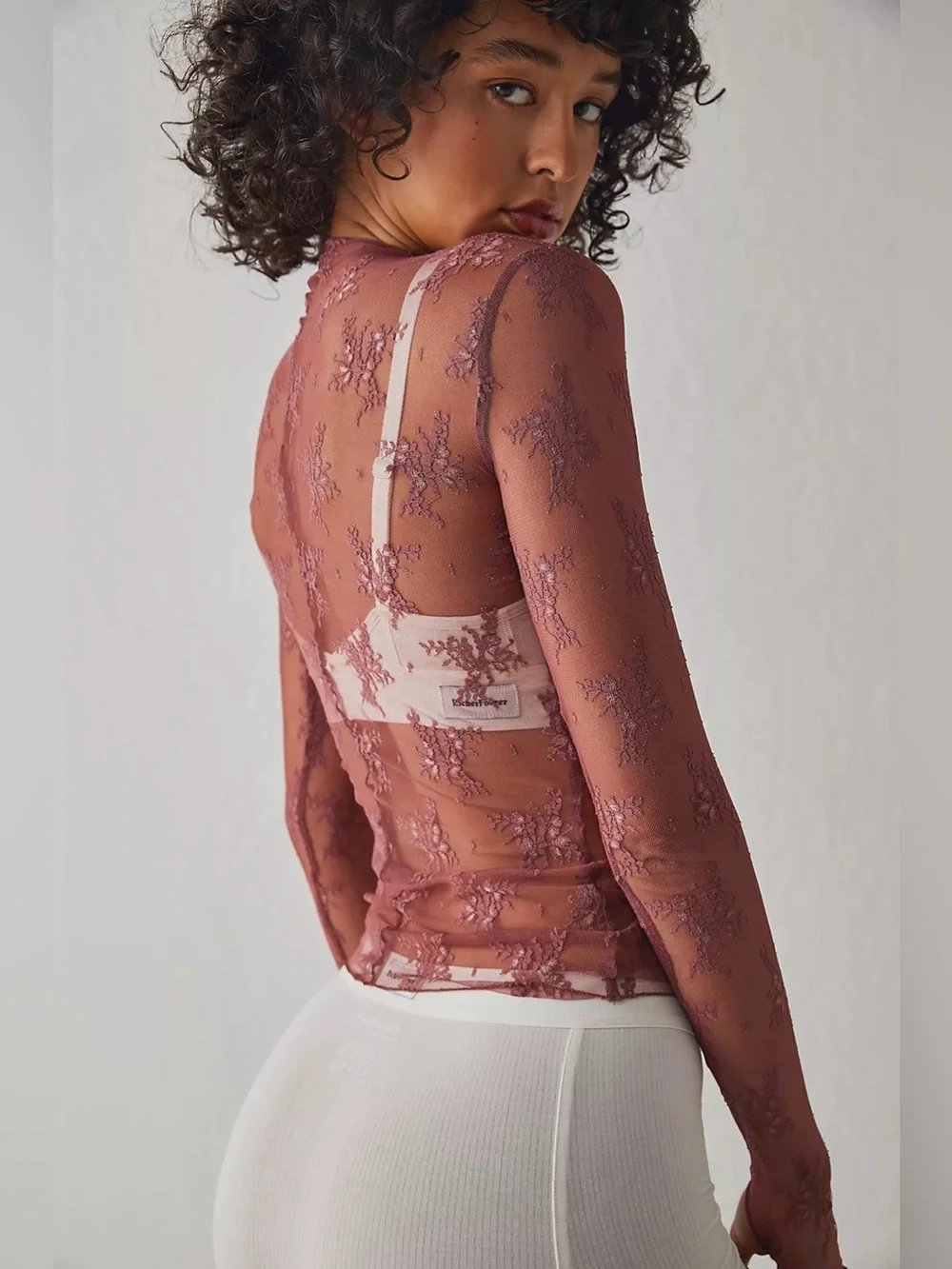 Free People Lady Lux Printed Layering Top Fawn Combo Long Sleeve Women Size S